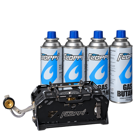 Combo Estufa Portátil Compacta Floppi AC03 con 4 Latas de Gas RG7 | Ideal para Camping