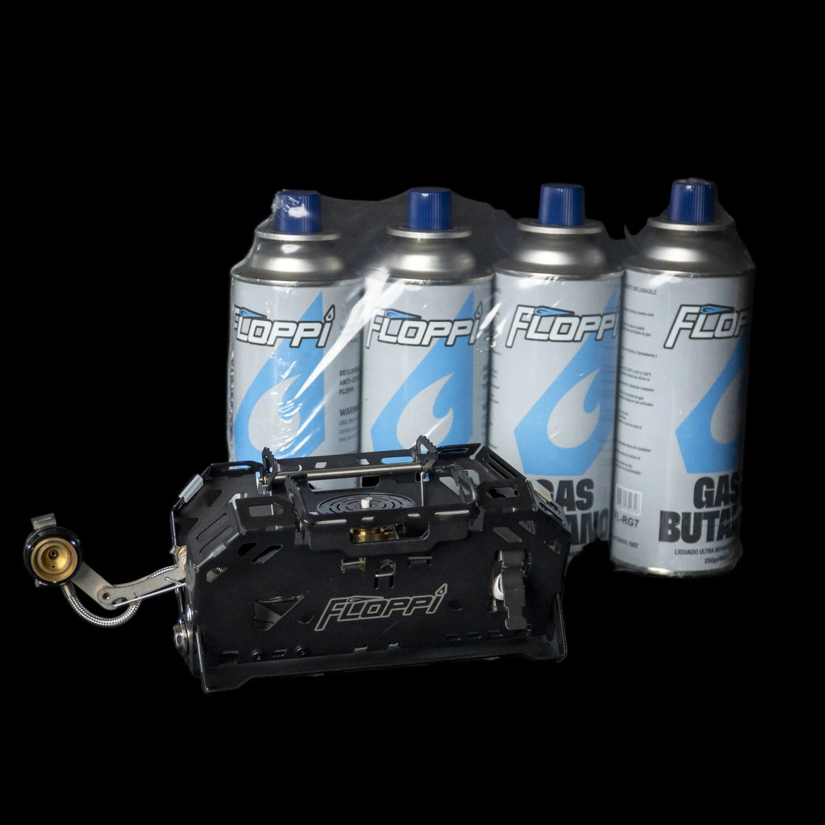 Combo Estufa Portátil Compacta Floppi AC03 con 4 Latas de Gas RG7 | Ideal para Camping
