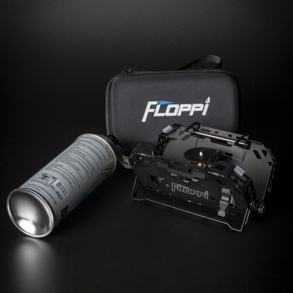 Combo Estufa Portátil Compacta Floppi AC03 con 4 Latas de Gas RG7 | Ideal para Camping