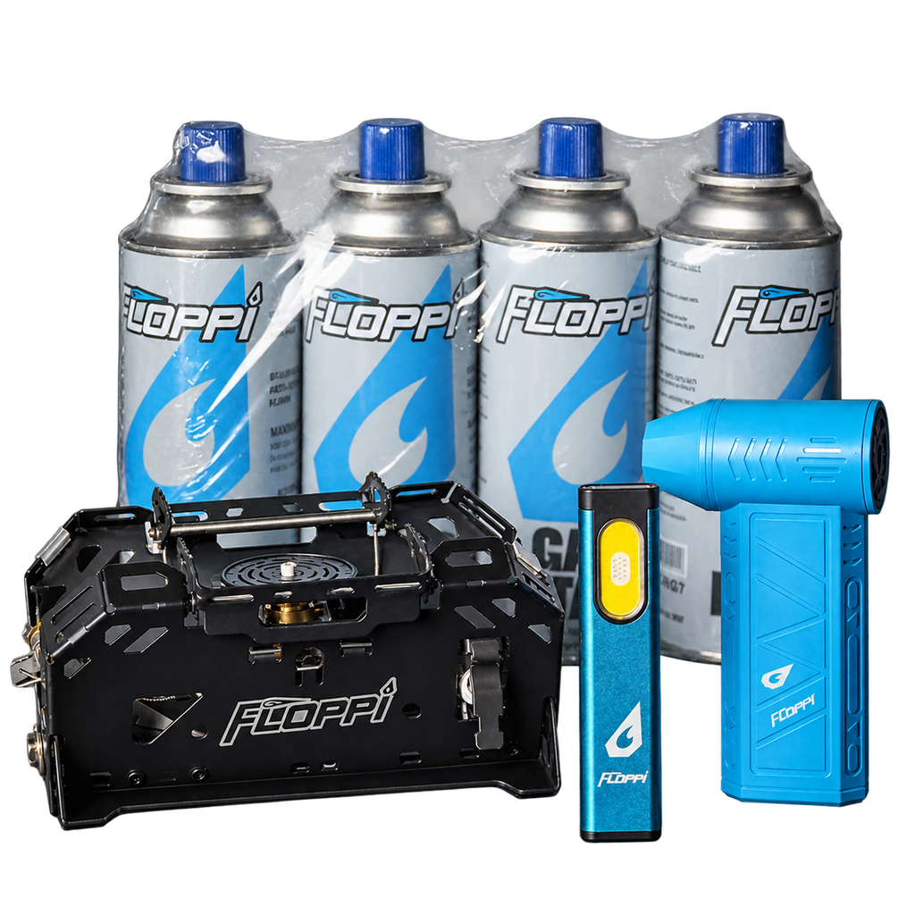 Combo Camping Pro Floppi con Estufa, Soplador, Linterna y 4 Latas de Gas