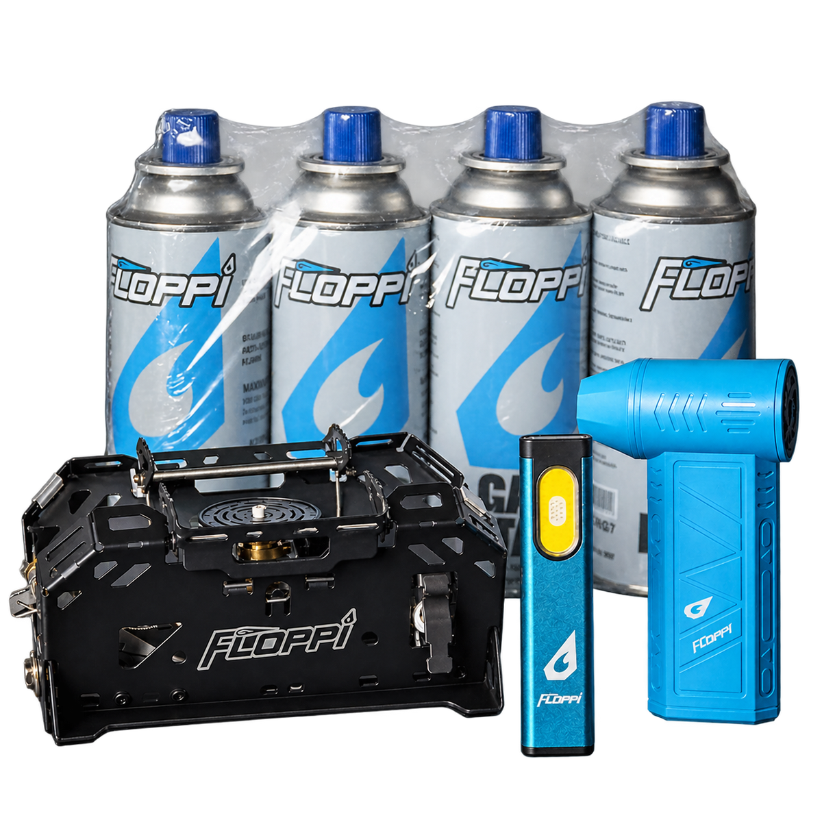 Combo Camping Pro Floppi con Estufa, Soplador, Linterna y 4 Latas de Gas