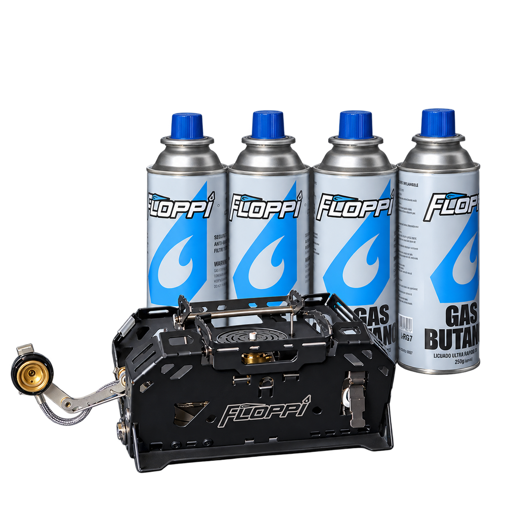 Combo Estufa Portátil Compacta Floppi AC03 con 4 Latas de Gas RG7 | Ideal para Camping